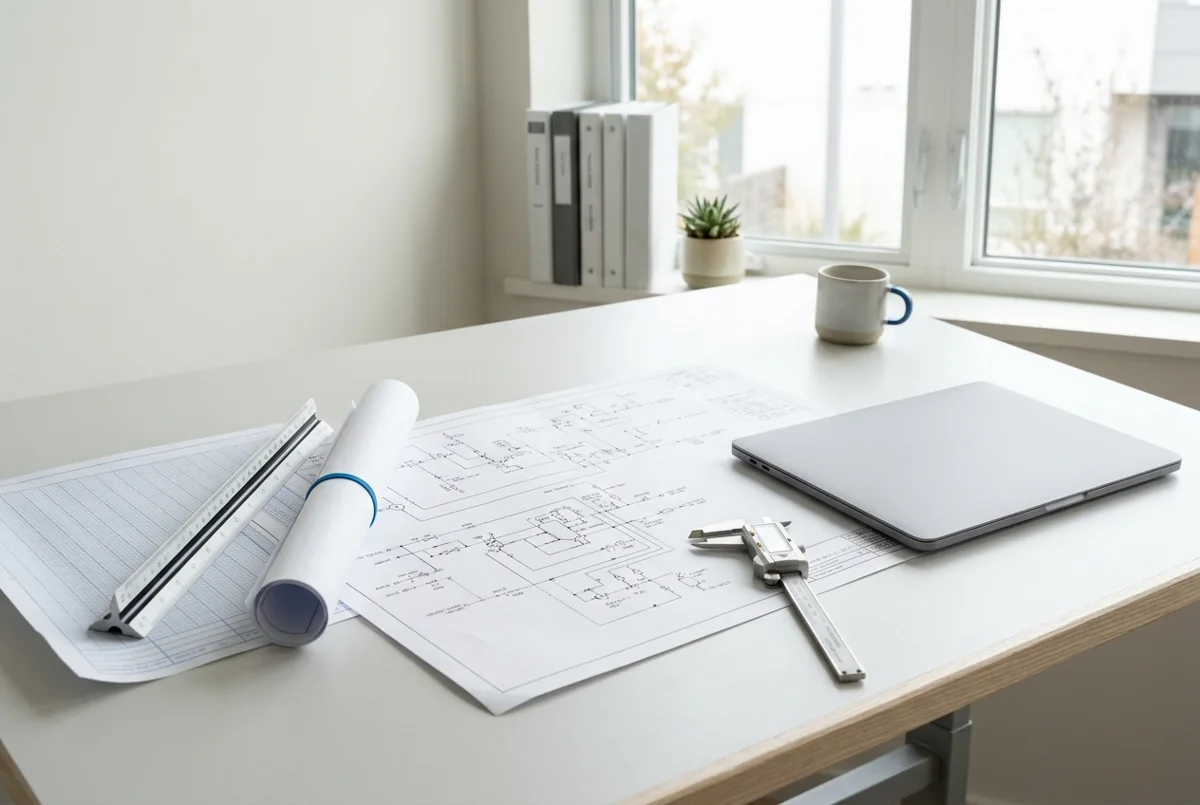 Engineering drawings, piping and instrumentation diagrams and instruments on a work table