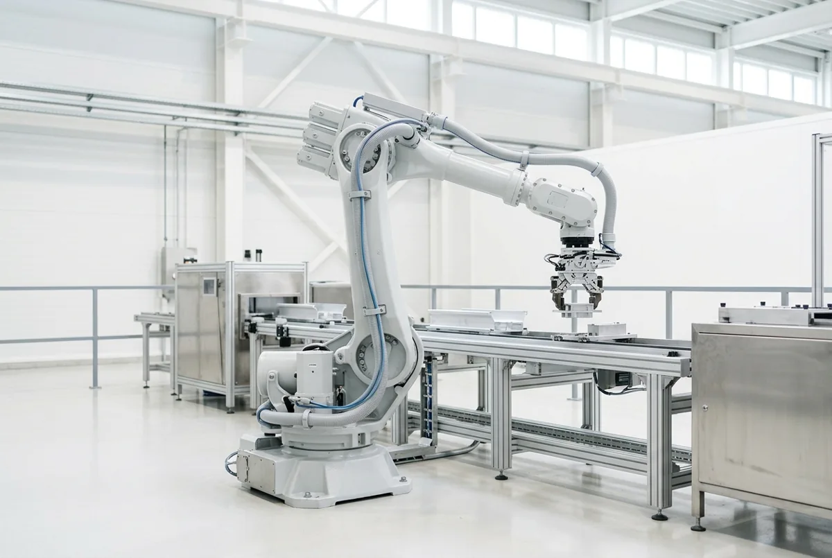 Six-axis industrial robot arm on a production line