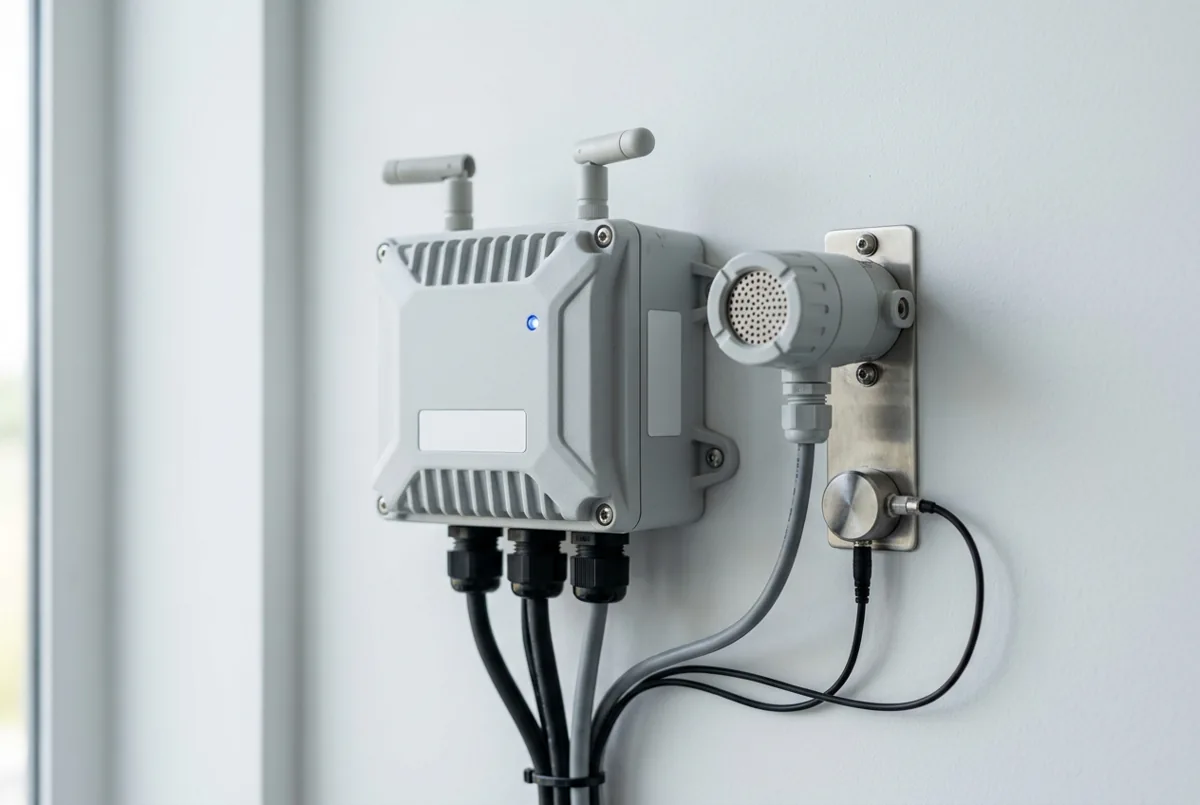Industrial IoT edge gateway, gas detector head and vibration sensor on a plant wall