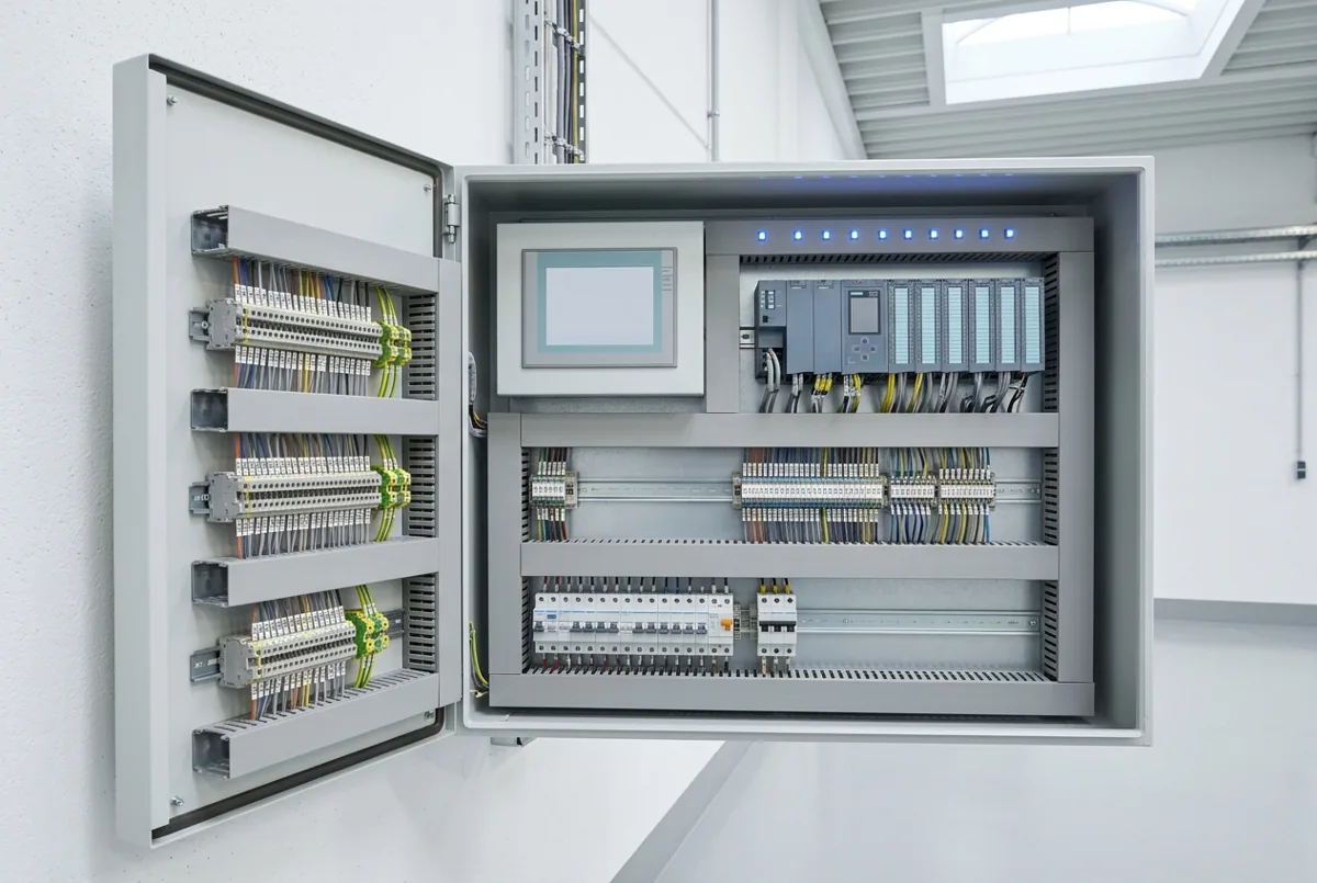 An industrial control cabinet with DIN-rail PLC modules and an HMI panel